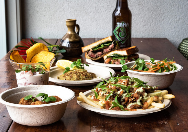 Healthy-looking food in biodegradable bowls.